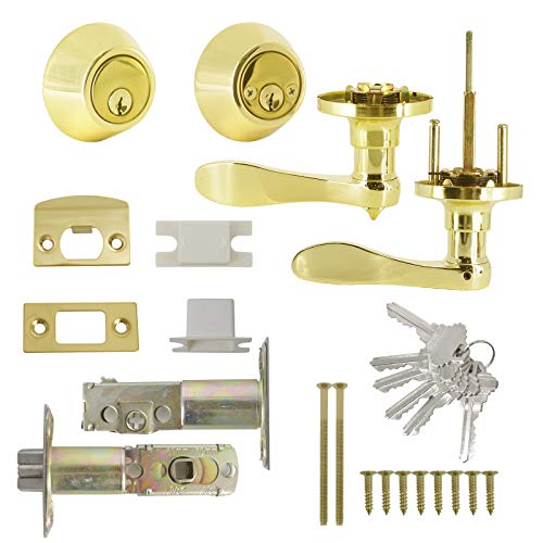 Keyed Alike Front Door Entry Lever With Double Cylinder Deadbolts,Polished Brass,Exterior Entrance Lever Door Handle,Wave Shape Door Lock Gold,Interior Door Handle Set For Front/Back Gate #TOP6