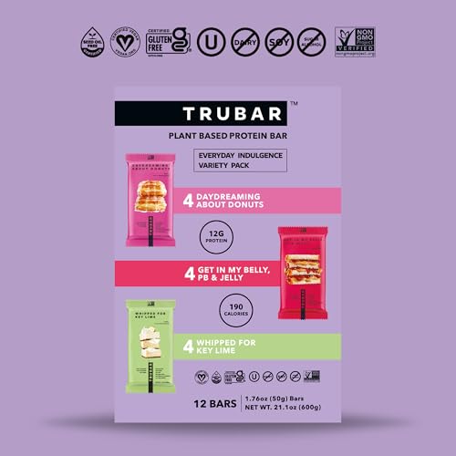 Image of TRUBAR Vegan Protein Bar Variety Pack, Assorted Flavors, Donuts, PB & Jelly, Key Lime, Gluten Free, Vegan Protein Snacks, 12G Plant-Based Protein, High Fiber, Healthy Protein Bars, 12 CT