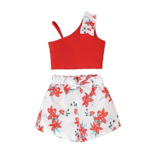 HEOXIN Conjunto Ropa Niña, Top Acanalado + Pantalones Cortos con Cintura Elástica con Estampado Flores y Lazos, Conjunto de Dos Piezas Sin Mangas para Niña, Rojo 7 Años