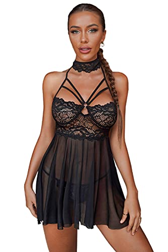 Women Lingerie Lace Babydoll Sleepwear Chemis Teddy Lingerie Sexy Nightdress for Women Bridal Babydoll Nightgown, Honeymoon (Black, Large)