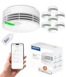 Hekatron Genius Plus – Rauchmelder 10 Jahre Batterie – Testsieger Stiftung Warentest – made in Germany – inkl. 8x Klebepad – App-unterstützt – Feuermelder – mehrsprachig – 8 Stück
