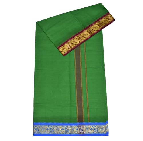 Image of TUNI MANI Men's Panchakacham Dhoti with Angavasthram Towel, Jari Border, 100% Cotton, Size: 9 X 5 (4.0mtr Dhoti, 2.25mtr Towel) (Unstitched)
