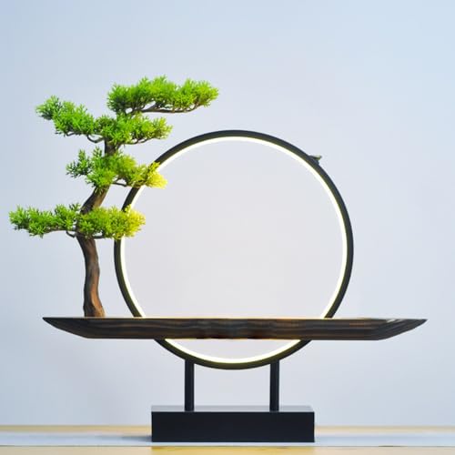 Sefoemut 新しい中国の禅仏飾り、人工屋内植物、家の装飾ギフト、USB LEDライト付きのリアルな偽の盆栽、玄関デスク用のクリエイティブなランプリング、自宅のリビングルームの玄関オフィスの装飾盆栽に適しています (迎客松仕様プレートランプリングベース