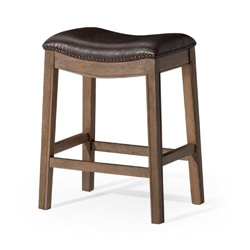 Image of Maven Lane Adrien Backless Counter Stool - 26 Inches - Saddle Stool with Footrest - Brown Solid Wood Frame & Dark Brown Faux Leather Upholstery - Perfect for Kitchen Islands & Counters