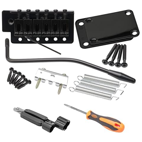 Unxuey Electric Guitar Tremolo Bridge Bar Kit, 6 Strings Bridge Tremolo System Set with Neck Plate Reinforce Board for Fender Strat Guitar Replacement, Black Cover