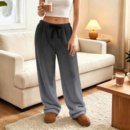 Women Wide Leg Pants Baggy Plush Gradient Color Flannel Thermal Trousers - image 3