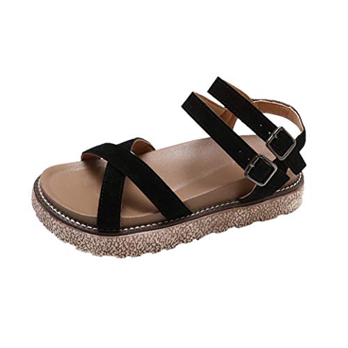FORUU Women's Vintage Flat Ankle Cross Straps Buckles Beach Shoes Roman Slippers Black