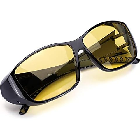 IGnaef Night-Vision Wrap Around Glasses, Fit Over Prescription Glasses HD Polarized Yellow Lens Night Glasses for Driving (Bright Black Night-Driving Glasses) Cover