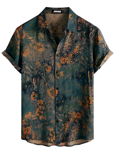 JOTOOK Mens Hawaiian Shirt Short Sleeve Button Down Tropical Shirts Casual Floral Summer Beach Shirt XX-Large Gray Orange