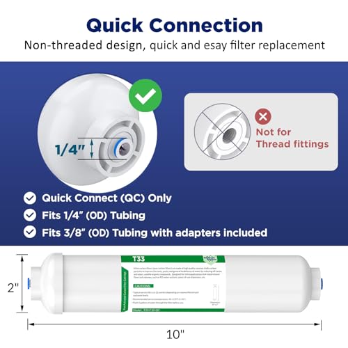 Image of Membrane Solutions 1 /4 inch T33 Inline Water Filter with 3 /8 inch Adapters | Post Carbon Filter for Undersink RO Systems, 1 /4 inch Quick-Connect Filter with 1 /4 inch to 3 /8 inch Push-to-Connect Fittings, 2 Pack