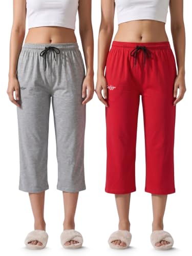 Image of Fflirtygo Women's Cotton Plain Calf Length Capri | Nightwear Short Pyjama | 3 /4th Solid Pyjama Pant | Regular Fit Casual & Lounge Wear Capri Combo (Pack of 2)