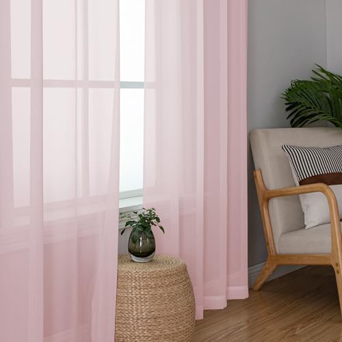 Image of OWENIE Light Pink Sheer Curtains 63 Inch Length 2 Panels Set for Living Room /Bedroom, Rod Pocket Fimly Voile Blush Sheer Curtain for Nursery Room, Elegant Airy Sheer Panels, 2 Pcs Total 84Wx63L inch