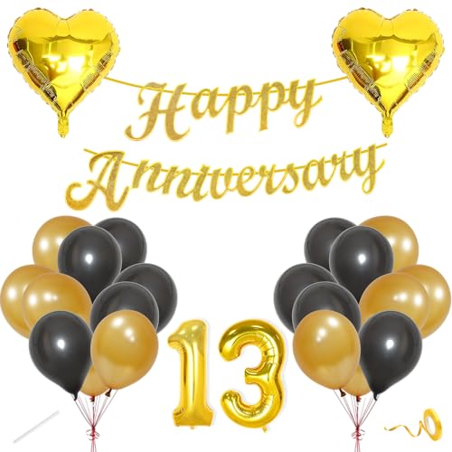 Image of Flyloons 13th Happy Anniversary Decoration Items Gold Black for Men Women Husband Wife Mom Dad Couple Home Bedroom Car With 20 Pcs Metallic Balloons Anniversary Banner 2 Pcs Heart Set Kit Golden