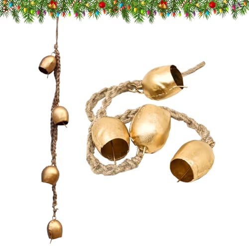 Iron Wrouht Gold Bells for Christmas oraments, Witch Bells, Hanging Bells, Rustic Cow Bells, Decorative Bells with Jute Rope, Door Bells