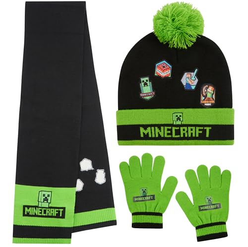 Minecraft Winter Set for Boys, Teens: 3 Piece Hat Scarf Gloves or 2 Piece Gloves & Hat, Winter Accessories, Gifts for Boys