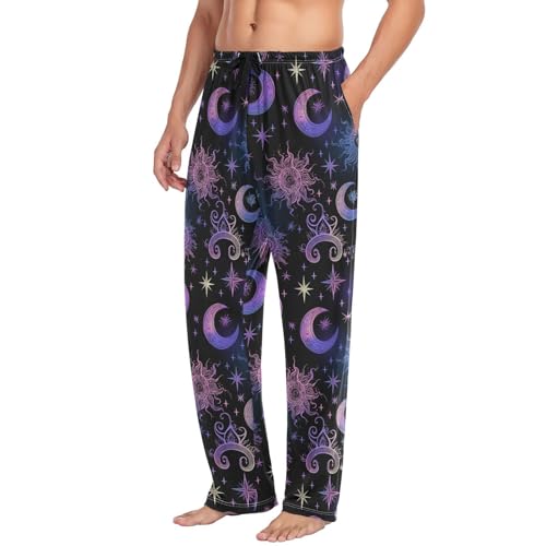 Men’s Sun Moon and Stars Pajama Pants with Pockets, Comfortable Lounge Sleep Bottoms#2744