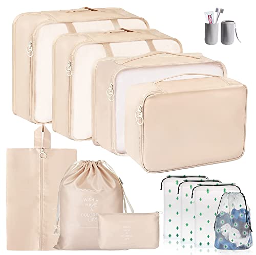 ZDKGER Packwürfel für Koffer, 12 Stück Reiseverpackungswürfel, Gepäck-Organizer-Taschen, wasserdichte Reiseutensilien, Tasche, Kleidung, Schuhe, Toilettenartikel, Aufbewahrungstaschen (beige) Cover