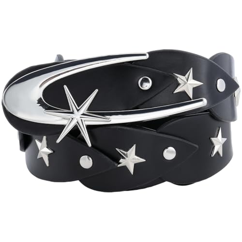 45.67 x 1.5 Inch Vintage Punk Rock Rivet Waistband PU Leather Star Studded Belt Adjustable Fashion Gothic Waist Belt with Metal Star Buckle for Women Jeans Skirt Halloween (Black)