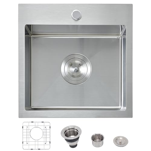 Image of 15x15 Inch Drop In Bar Sinks, Top Mount Handmade Single Bowl Small Kitchen Sink, 16 Gauge Stainless Steel Brushed Nickel for Wet Bar Prep RV Outdoor with Grid & Drain Strainer