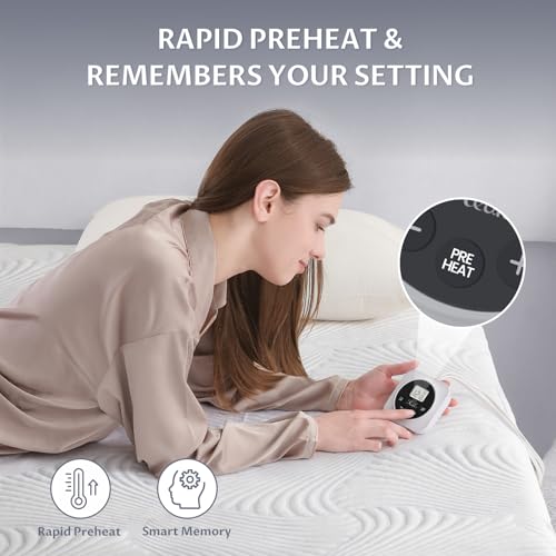 Queen Size Electric Heated Mattress Pad - Bed Warmer with Memory & Preheat Functions, 12 Heat Settings Dual Control for 1-12 Hours Auto Off, Lighted Button