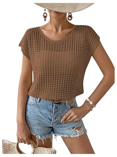 Image of Verdusa Women's Hollow Out Sheer Knit Top Dolman Sleeve Pullover Cover Up