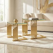 2-Piece Tempered Glass Coffee Table Set, Modern Nesting Tables with Gold Stainless Steel Frame, Space-Saving Accent End Tables for Living Room, Gold+Glass