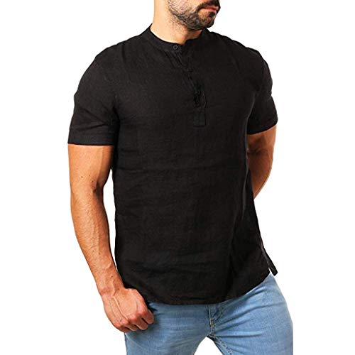 Men Henry Short Sleeve Slim Solid Linen Shirts Male Casual Business Fit Blouse Black Men Henry Short Sleeve Slim Solid Linen Shirts Male Casual Business Fit Blouse Black