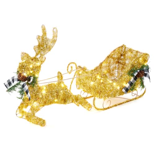 GarveeHome Gold Reindeer and Sleigh Set for Christmas Decorations, Metal Frame Christmas Elk Ornaments, Iron Xmas Centerpiece for Indoor Home Decor, Holiday Display