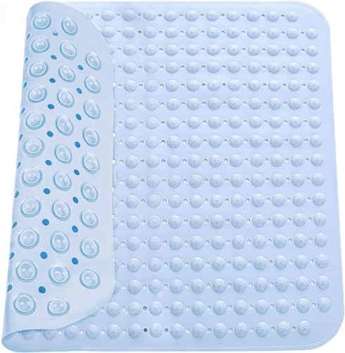 Alfombra de Ducha 48 x 48 cm Alfombra de Ducha Cuadrada Antideslizante Alfombra de baño Antideslizante Colgadores y Orificios de Drenaje Azul Claro