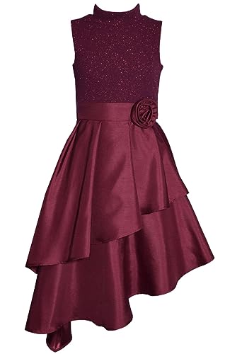 Bonnie Jean Girls 7-16 Burgundy Sparkle Knit Shantung Asymmetrical Dress