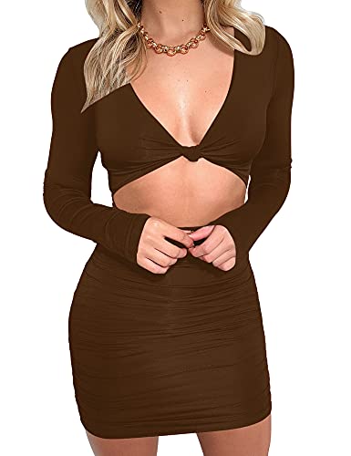 Mokoru Women s Sexy Ruched Bodycon Long Sleeve Cut Out Club Party Mini Dresses, Small, Coffee