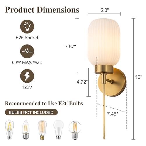 Image of Gold Bathroom Wall Sconce, 1-Light Single Bathroom Vanity Light, Modern Brass Wall Sconce with Frosted Milk White Striped Glass Shade for Bedroom Hallway Entrance