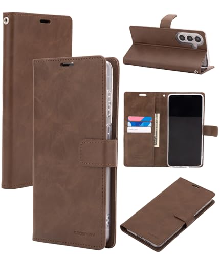 GOOSPERY Bluemoon Folio Wallet Case for Samsung Galaxy S26 Plus, Flip Cover with Card Holder, Kickstand, Magnetic Closure, Shockproof TPU + PU Leather - Brown