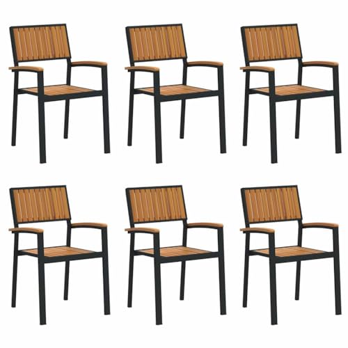 vidaXL Set di 6 Sedie da Pranzo da Esterno in Acciaio Nero e Legno Massello di Acacia per Patio, Giardino e Balcone - Comode, Impilabili, Design Elegante e Stile Moderno per Mobili da Terrazza