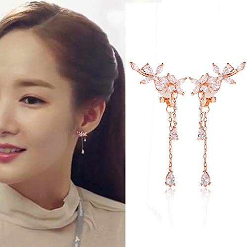 Clip On Earrings Non Pierced Fringe Dangle Tassel Drop Cubic Zirconia Flower Women Girls Rose Gold #TOP1