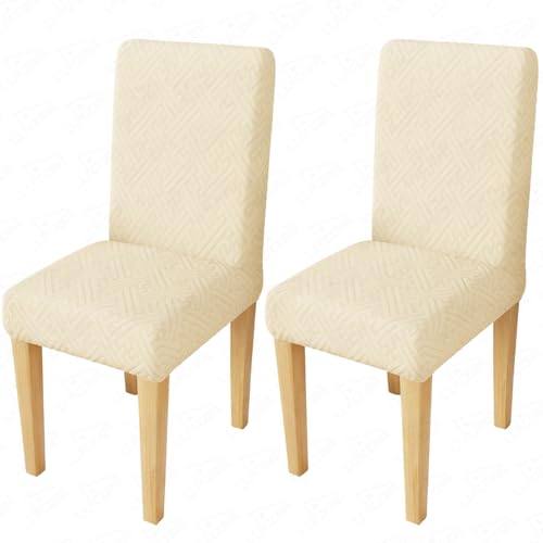 Image of Lukzer Elastic Dining Chair Cover - 2PC Pastel Yellow Grid Maze | Textured High Stretch Jacquard Seat Cover | Removable Washable Short Dining Chair Cover Protector Seat Slipcover | (CC-105-2)