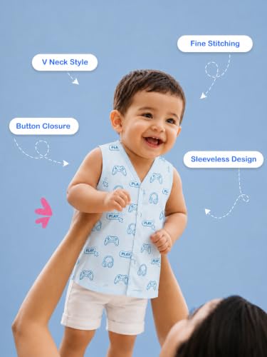 Image of Kidbea Bamboo Muslin Jhabla for Newborn Baby, V-Neck Sleeveless Button Jhabla Shirt, Soft Breathable Infant Kids Clothing for Summer Wear