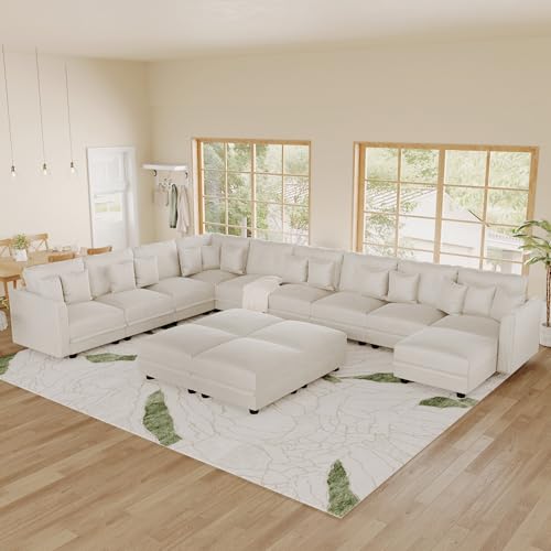 Image of LLappuil 14-Seat Modular Sectional Sofa with Storage, 163 inch Oversized U-Shaped Corduroy Couch with 10 Throw Pillows, Pet-Friendly Convertible Pit Sofa for Large Spaces, Skin-Friendly, Beige