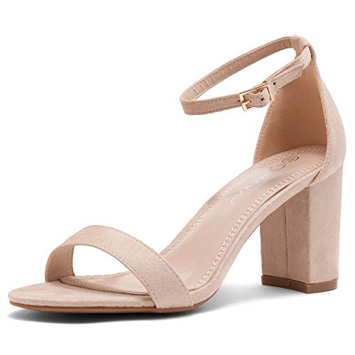 Shoe Land Madeline Women's Open Toe Ankle Strap Chunky Block Low Heel Dress Party Pump Sandals Nude 11.0