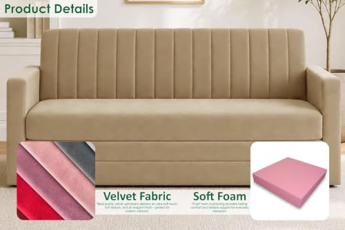Image of Modern Three Seater Sofa Cum Bed with Armrest, Velvet Fabric Sofa for Living Room, Space Saving Foldable Sleeper Sofa, (Golden Color)