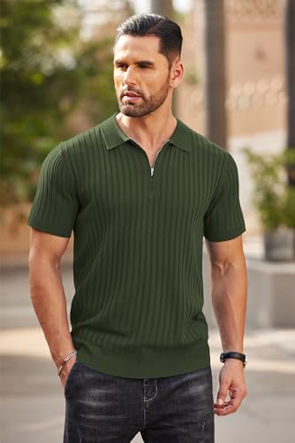 COOFANDY Men's Zipper Polo Shirts Short Sleeve Ribbed Knit Polo T Shirts Fashion Casual Golf Shirts2