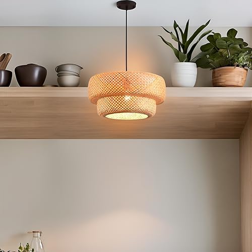 Teru Ji Kaikang Bamboo Pendant Light,Boho Rattan Hanging Light,13.8" Hand Woven Wicker Chandelier for Kitchen Island for Kitchen Island Dining Bedroom Living Room Restaurants by Teru Ji Kaikang - Used condition - Image 4
