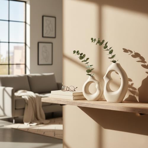 Image of Modern Abstract Ceramic Vases Set of 2 for Home Decor | Matte Finish Hollow Design Flower Vases for Living Room, Bedroom & Office | Minimalist Nordic Tabletop Decorative Vases - White