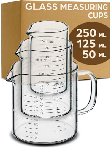 Praknu Glass Measuring Cup - Set with Spout - Measuring Jug 50ml, 125ml, 250ml - Precise Scale - Stackable - Heat Resistant & Microwave Resistant - Borosilicate Glass
