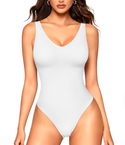 LODAY White Bodysuit Women V Neck Tank Top Bodysuit Thong Body suits Slim FitMedium White