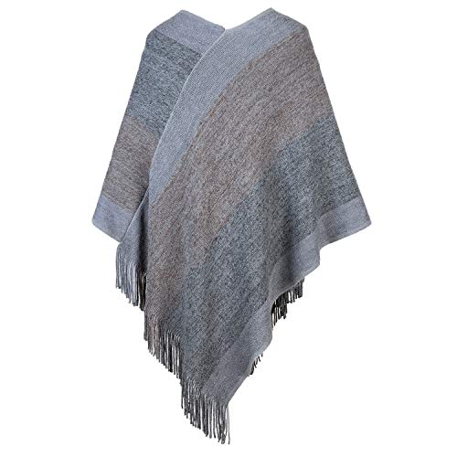 Image of Women's Elegant Knitted Shawl Poncho with Fringed V-Neck Striped Sweater Pullover Cape Gifts for Women Mom