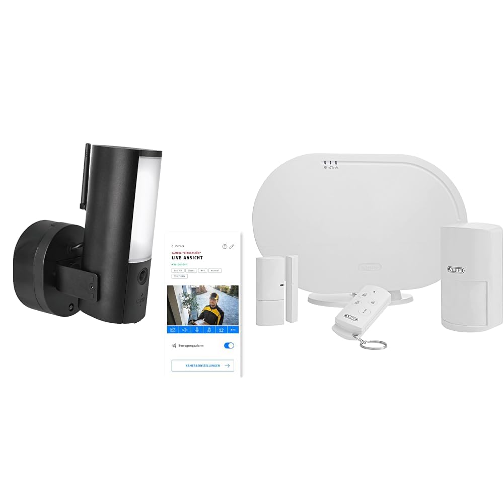 ABUS WLAN Licht Außen-Kamera (PPIC46520) & Funk-Alarmanlage Smartvest Basis-Set Einbruchmeldeanlage inkl. Bewegungsmelder & Öffnungsmelder - Testsieger - Fernzugriff iOS & Android App - weiß - 77442