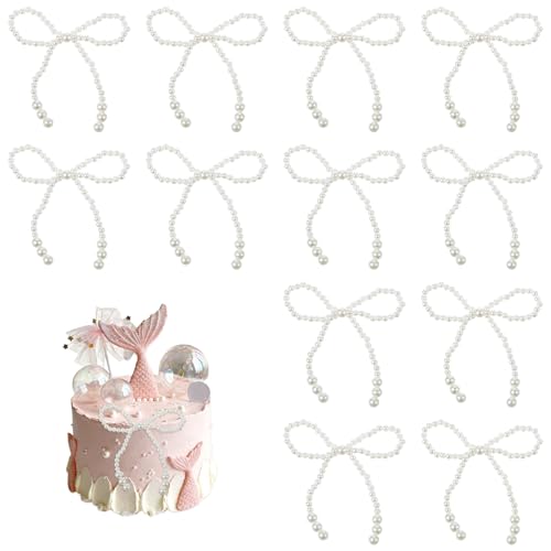 Guduling 12pcs Pearl Bows for Bouquets Pearl Bow Cake Toppers Pearls Bow Cakes Decorations for Weddings Birthdays Cake Cupcake Toppers Bridal Showers Bouquets and Party Supplies