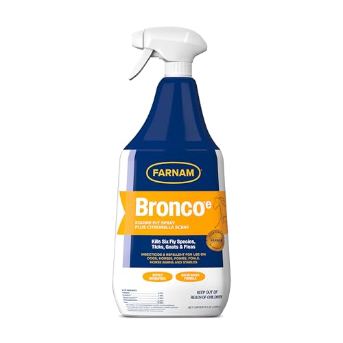 Farnam Broncoe Fly Spray Plus Citronella for Horses Dogs & Premises - Kills Flies Ticks Fleas Lice & Mosquitoes - Water-Based Non-Oily Multi-Purpose Insecticide - 32 oz