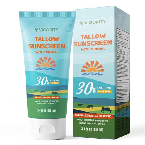 Image of Vigority Tallow Sunscreen SPF 30 for Face & Body - Natural Grass-Fed Beef Tallow, Non-Nano Zinc Oxide - Moisturizing Mineral Sunblock, Non-Greasy & Non-Toxic, Reef Safe for Adults & Kids (3.4 oz)